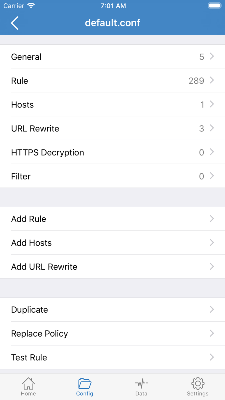 Shadowrocket 공식 Config 편집 화면: General, Rule, Hosts, URL Rewrite, HTTPS Decryption 및 Add Rule 표시