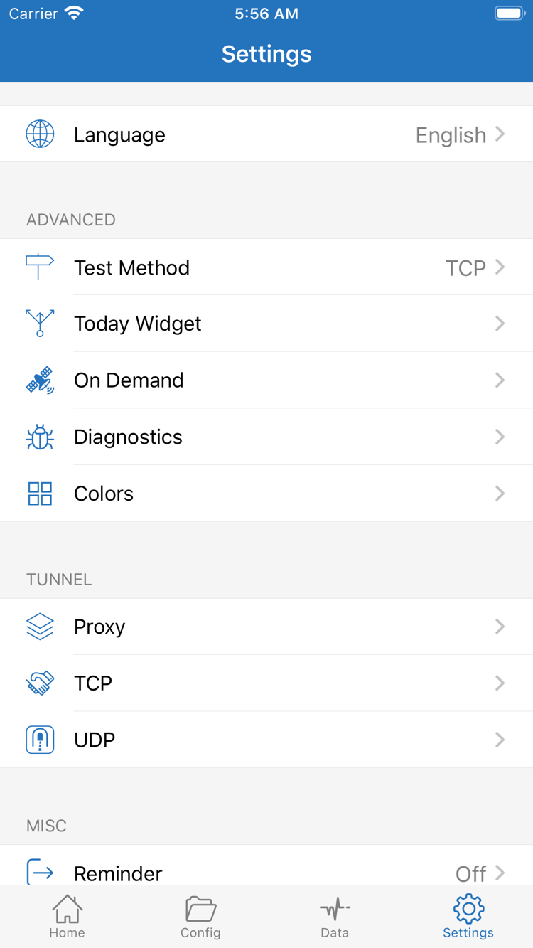 Shadowrocket 공식 Settings 화면: Language, Test Method, Today Widget, On Demand, Diagnostics, Proxy, TCP, UDP 표시