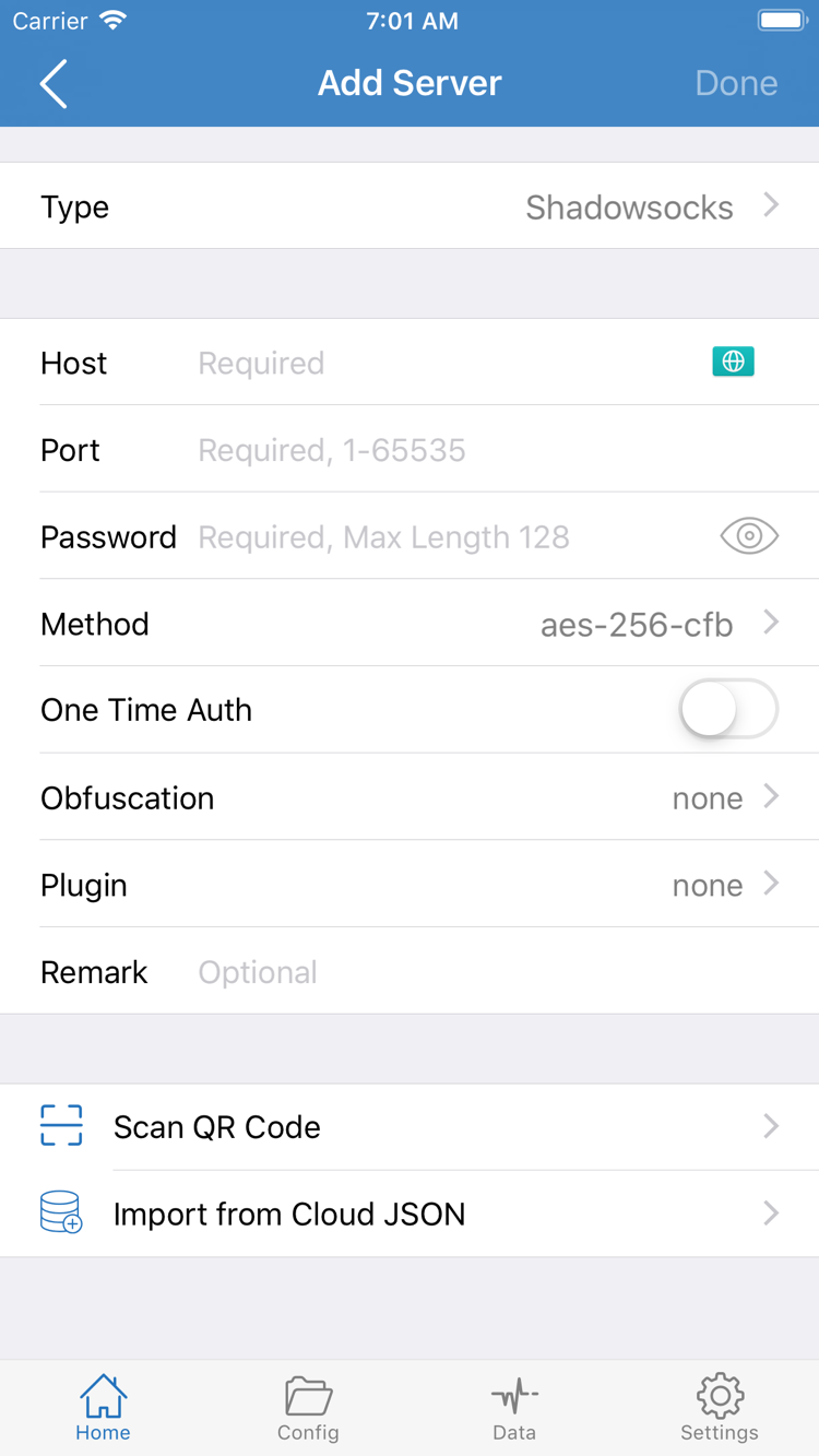 Shadowrocket 공식 Add Server 화면: Type, Host, Port, Password, Method 및 하단의 가져오기 메뉴 표시