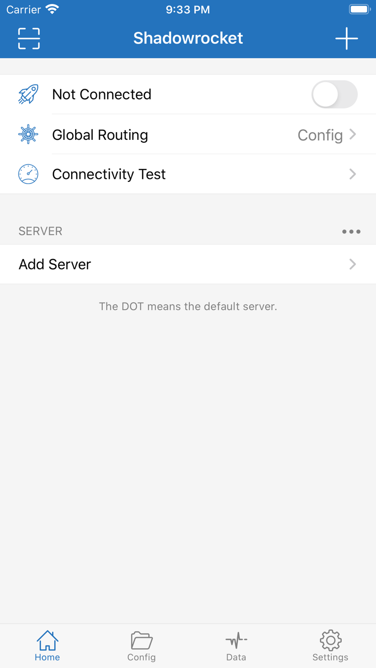 Shadowrocket 공식 Home 화면: 상단에 Not Connected 스위치, Global Routing, Connectivity Test가 있고 아래에 SERVER 그룹과 Add Server가 표시됩니다.